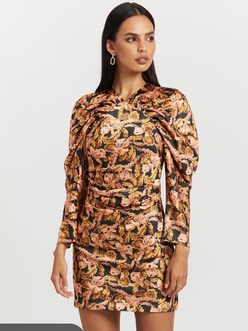 Floral Puff-Sleeve Satin Mini Dress - Black & Pink